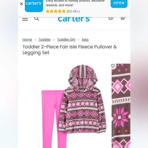 Carter’s 2-Piece Fair Isle Fleece Pullover & Legging Set- NEW WITH TAGS, size 2T - Picture 4 of 7